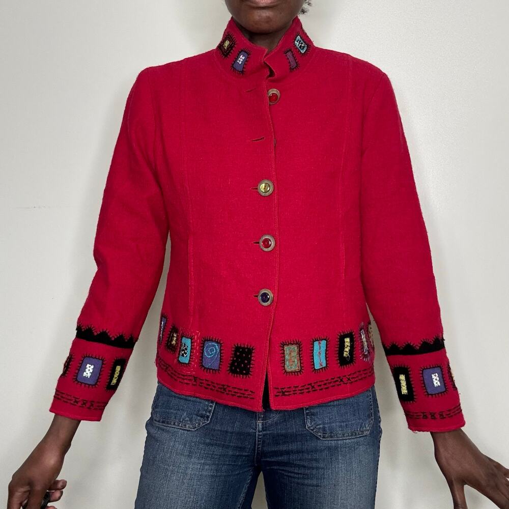VINTAGE |  ICELANDIC DESIGN Red Wool Button Up Sweater Jacket Embroidered Sz M